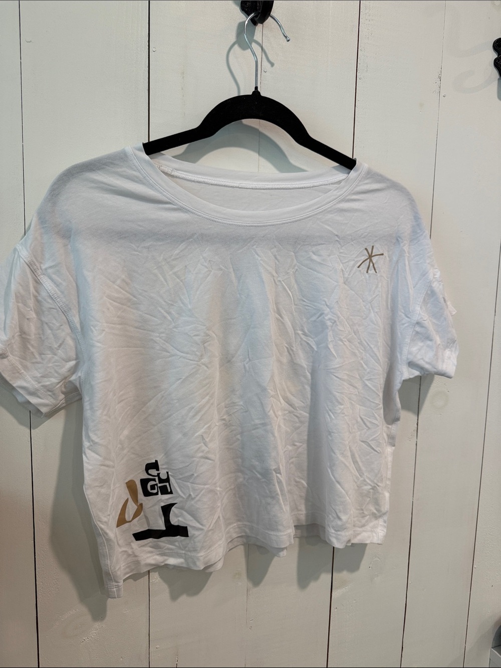 lululemon athletica White Tee with Multicolor Abstract Print and Yellow Patch